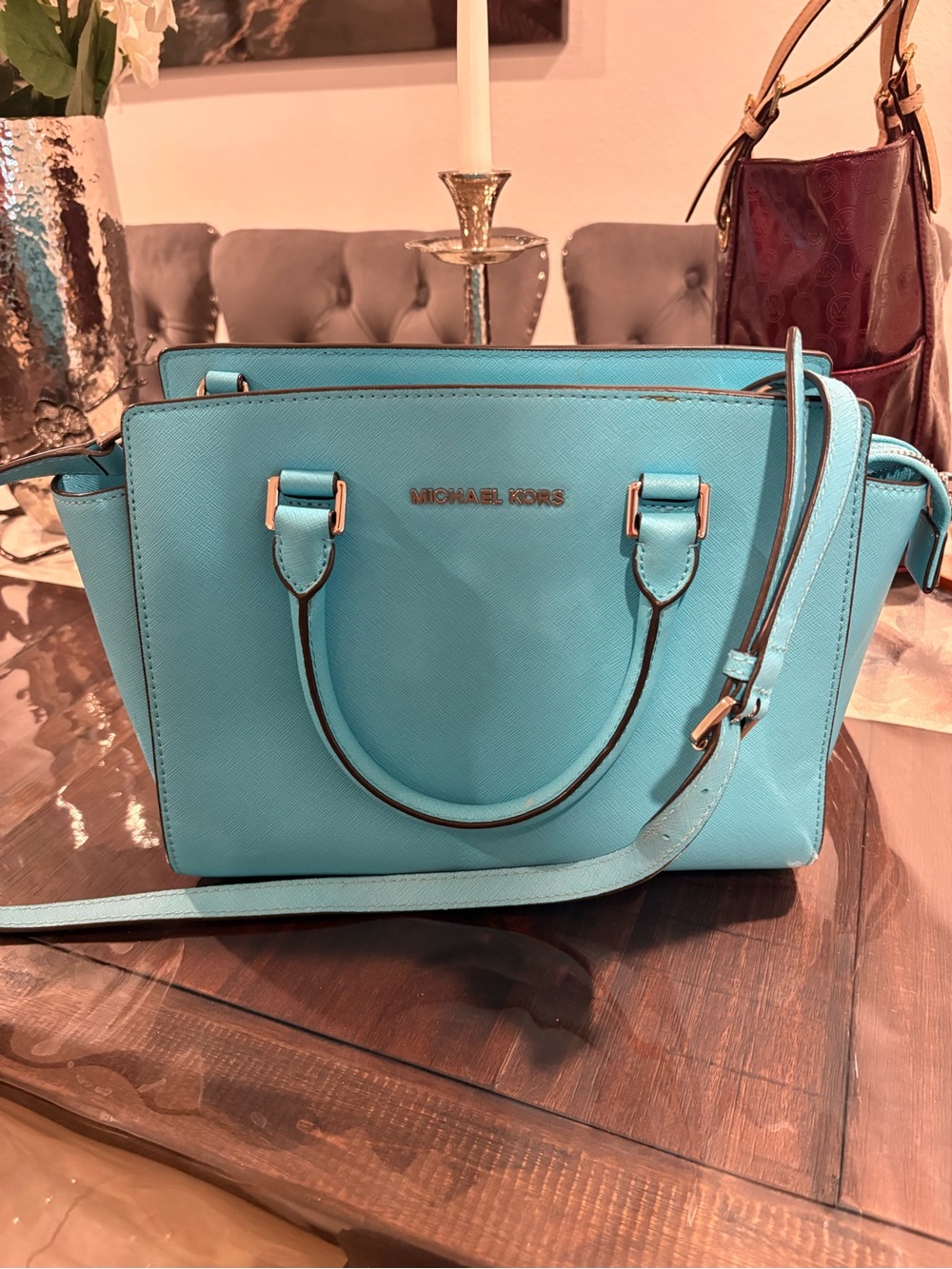 Michael Kors Turquoise Saffiano Satchel with Removable Strap